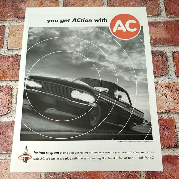 You‎ get ACtion with AC spark plugs automotive - Vtg Orig 1961 B&W Red PRINT AD - Picture 1 of 10